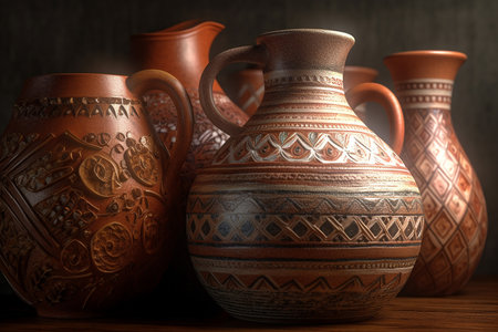 ornate Clay pots on display, Vases, Containers,  Created using generative AI tools.の素材