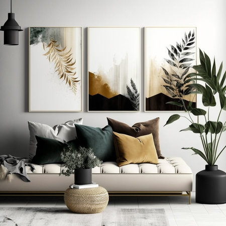 Set three pieces of abstract Geometric mid century modern wall art. Geometry shapes wall decor. Minimalist Scandinavian wall decorations,  Created using generative AI tools.の素材