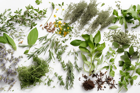 culinary herbs isolated on white background with  Parsley, thyme, dill, basil, rosemary, sage, mint, cilantro,  Created using generative AI tools.の素材