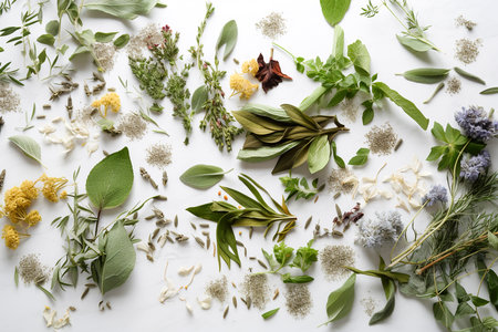 culinary herbs isolated on white background with  Parsley, thyme, dill, basil, rosemary, sage, mint, cilantro,  Created using generative AI tools.の素材