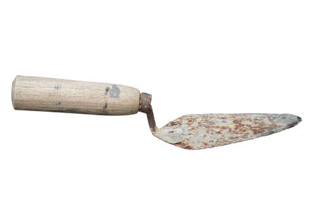 old rusted home hand tools of machete, trowel in white background and rusted texture iron plateの写真素材