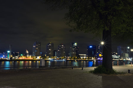 Rotterdam, The Netherlands - May 2017: Boompjeskade at night from the island of Noordereilandの写真素材