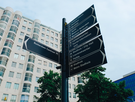 Rotterdam, The Netherlands - May 16, 2017. Road sign in the center of the cityのeditorial素材