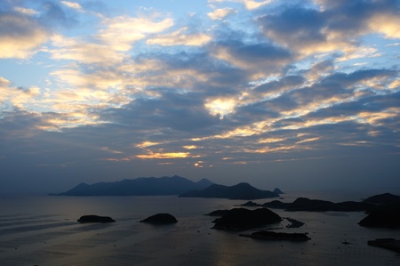 Ocean landscape with islands and mountains, photo taken in Fujian province of Chinaの写真素材