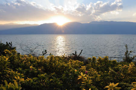 Lake sunset landscape in Dali, Yunnan province of Chinaの写真素材