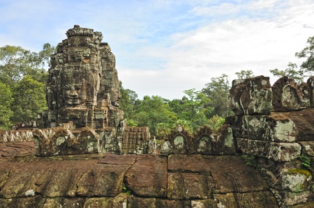 Mysterious Smile of Buddha at Bayon temple in the Angkor Area of Siem Reap province, Cambodiaの写真素材