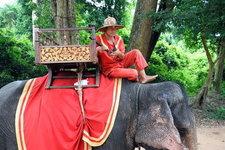 SIEM REAP, CAMBODIA - AUGUST 14: An elephant driver rides the elephant on August 14, 2011 in Angkor Thom, Siem Reap, Cambodiaのeditorial素材