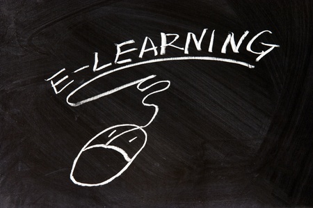 E-Learning and a mouse sign drawn on chalkboardの写真素材