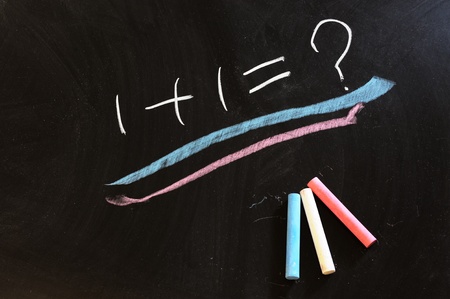 One plus one mathematical  formula written on chalkboardの写真素材