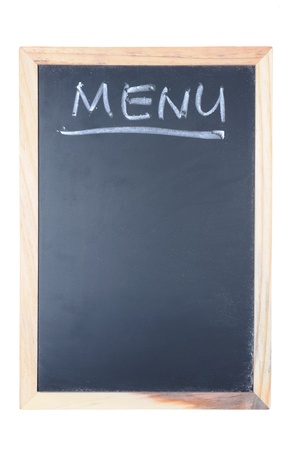Menu word written on chalkboard with wooden frame isolated on whiteの写真素材