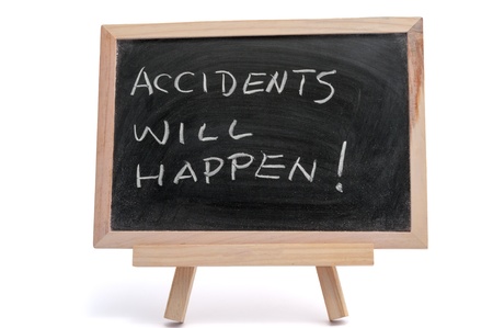 &quot,Accidents will happen&quot, saying written on blackboard over white backgroundの写真素材