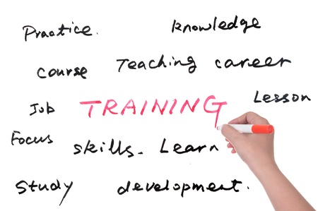 Training related words group written on whiteboard