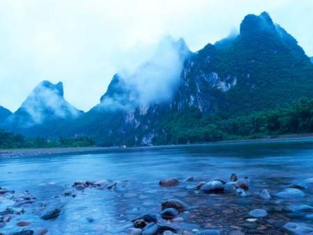 The Lijiang River landscape in the morning in Xingping, Yangshuo, Guilin,Guangxi, Chinaの写真素材