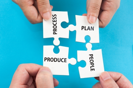 Process, Plan, People, Produce words on group of jigsaw puzzle piecesの写真素材