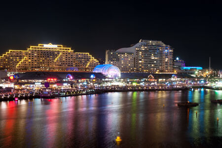 Night scene of Darling Harbour, adjacent to the city centre of Sydney and also a recreational place in Sydney central business districtのeditorial素材