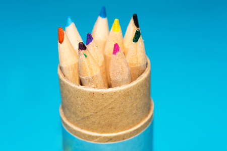 Group of color pencils in the containerの写真素材