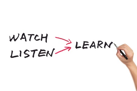 Watch listen learn words written on white paperの写真素材