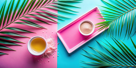 Flat lay composition with cosmetic products and tropical leaves on color backgroundの素材