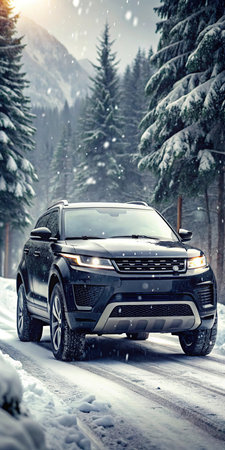 SUV car on the road in winter forest. Car on winter road.の素材