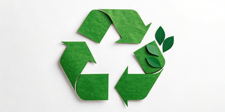 Recycle symbol made of paper with green leaves on a white backgroundの素材