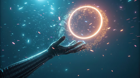 Glowing circle with particles and light effects. 3D Renderingの素材