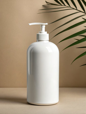 Plastic bottle with liquid soap and palm leaf on beige backgroundの素材