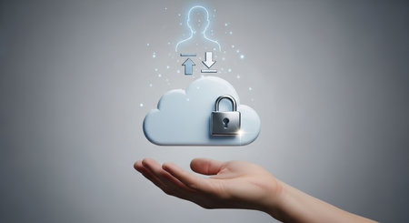 Concept view of cloud computing with padlock icon flying over handの素材