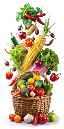 Fresh vegetables falling into a wicker basket isolated on white background.の素材