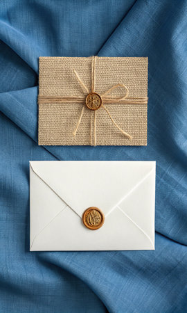 Wedding invitation or greeting card with envelope, gift box and wax sealの素材