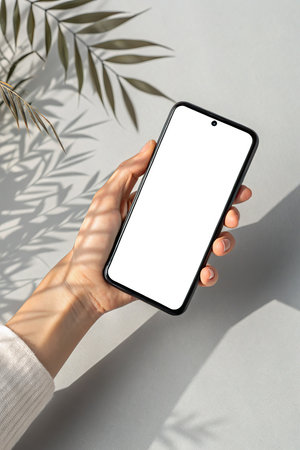 Mockup image of female hands holding black smartphone with isolated screen on white backgroundの素材