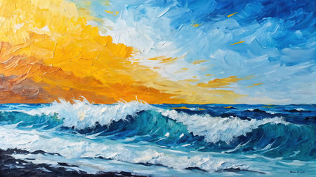 Oil painting on canvas seascape with sea waves and yellow sunの素材