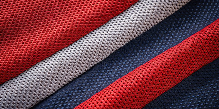 Close up of a red and grey sports jersey fabric texture background.の素材