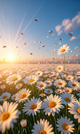 field of daisies at sunrise with bees and rays of lightの素材
