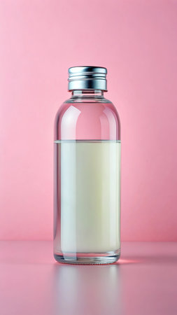 Glass bottle with water on pink background. Minimalistic style.の素材