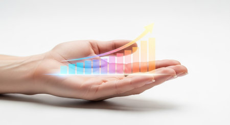 Closeup image of businesswoman hands holding graph in palms on white backgroundの素材