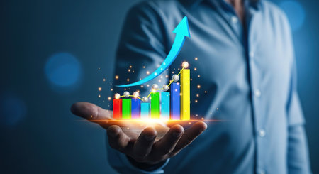Businessman holding a growing graph in his hand. 3D renderingの素材