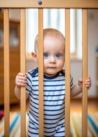 Cute baby boy with blue eyes standing in a crib at homeの素材