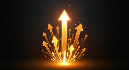 Glowing arrows pointing up on dark background. Success concept. 3D Renderingの素材