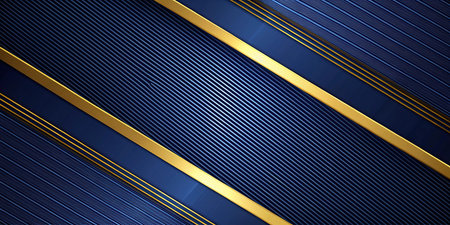 Blue metallic background with golden lines and stripes. 3d illustration.の素材