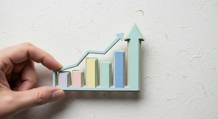 Businessman hand holding growth graph on white background. Business and finance concept.の素材