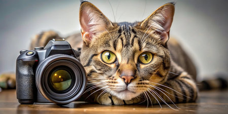 Cat and camera on a wooden table. Focus on the eyes.の素材