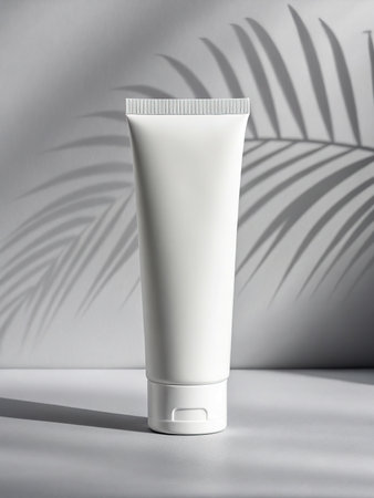White cosmetic tube on a gray background with palm leaves shadows. Mockup.の素材