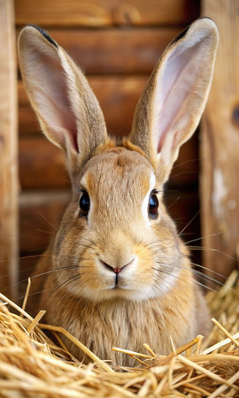 Portrait of a young rabbit in the barn, close-upの素材