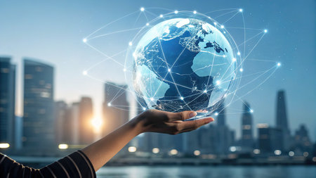 Close up of businesswoman hand holding global network connection concept. 3D renderingの素材