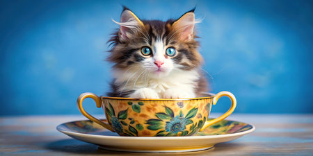 Cute kitten in a cup of tea on a blue background.の素材