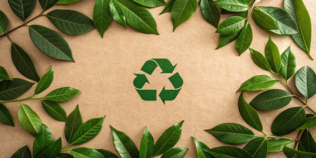 Recycling symbol with green leaves on craft paper background. Recycling conceptの素材