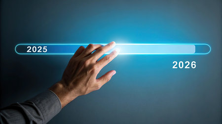 Businessman pressing new year 2023 button on virtual screen. Business and technology conceptの素材