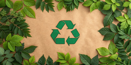 Recycling symbol with green leaves on kraft paper background.の素材
