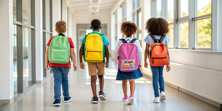 Back view of schoolchildren with backpacks walking in corridor at schoolの素材