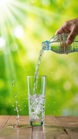Water pouring from bottle into glass on wooden table against green nature backgroundの素材
